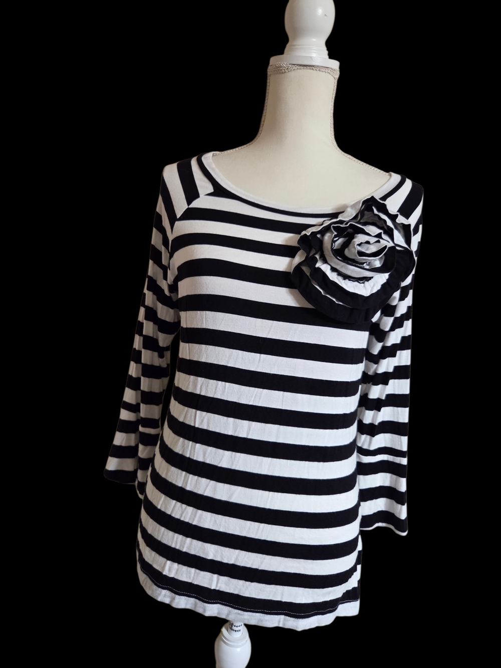 Black & White Striped Long Sleeve Top with Floral Rosette